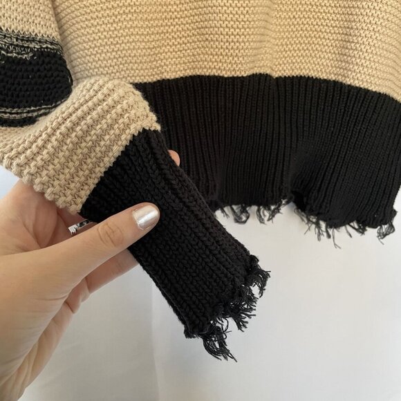 Rag Poets Distressed Black & Beige Sweater XS boho style casual semi cropped - Picture 4 of 8